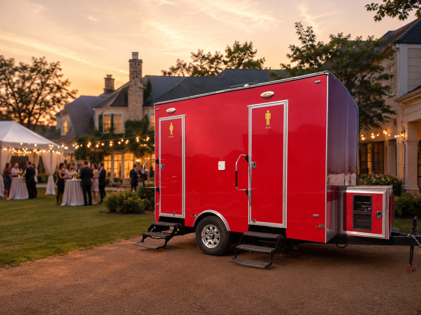 Red luxury restroom trailer at a backyard celebration