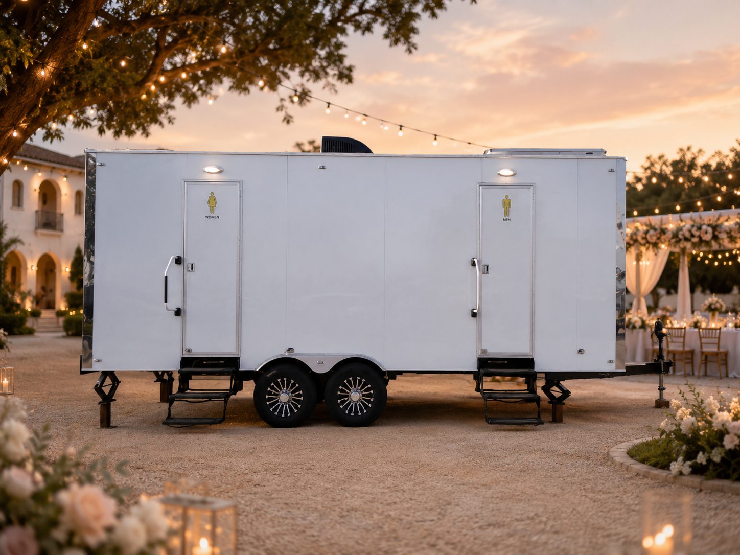 Luxury restroom trailer at an outdoor wedding reception
